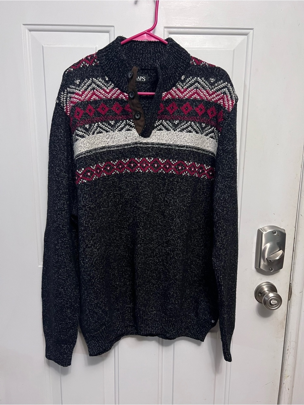 CHAPS Men’s XXL Fair Isle Sweater Black Red White Button Front Cotton